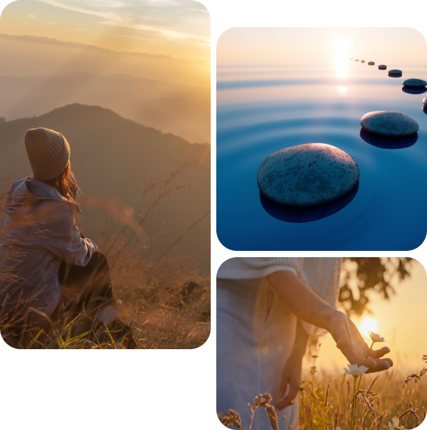 Sunset serenity: person, stepping stones, reaching hand