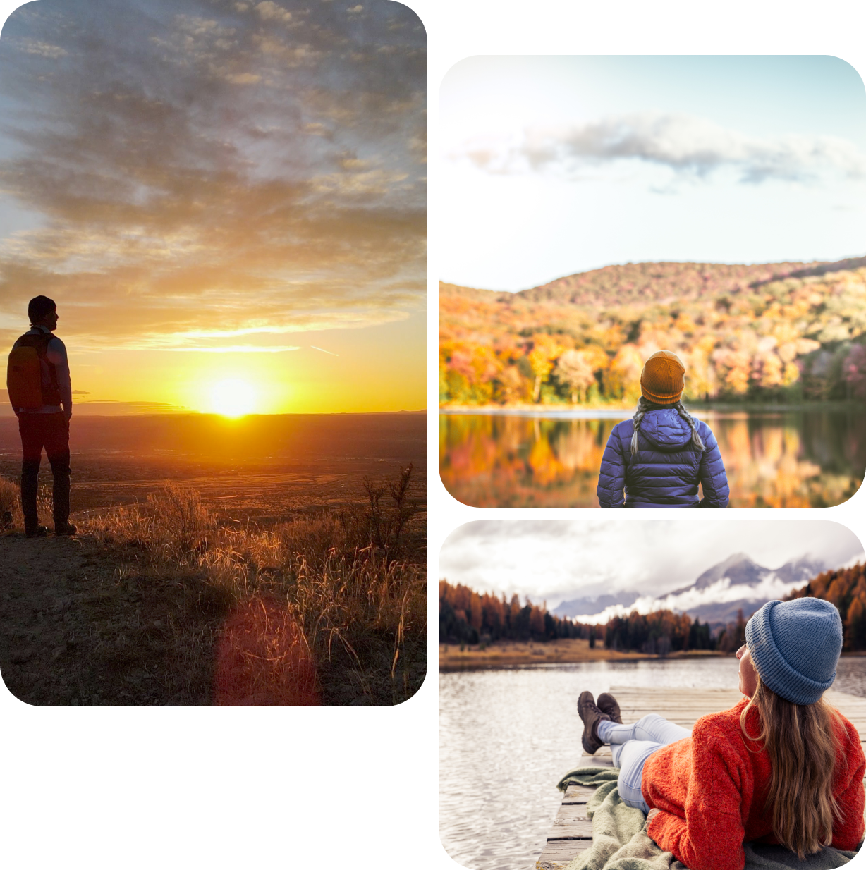 Hikers enjoying lakeside autumn sunset scenery