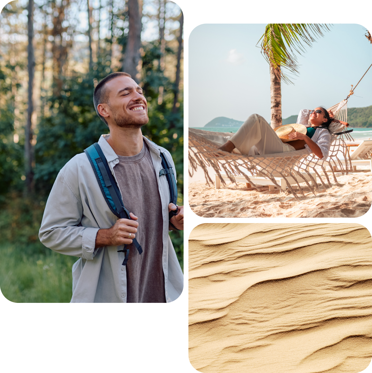 Nature collage: smiling hiker, beach hammock, dunes
