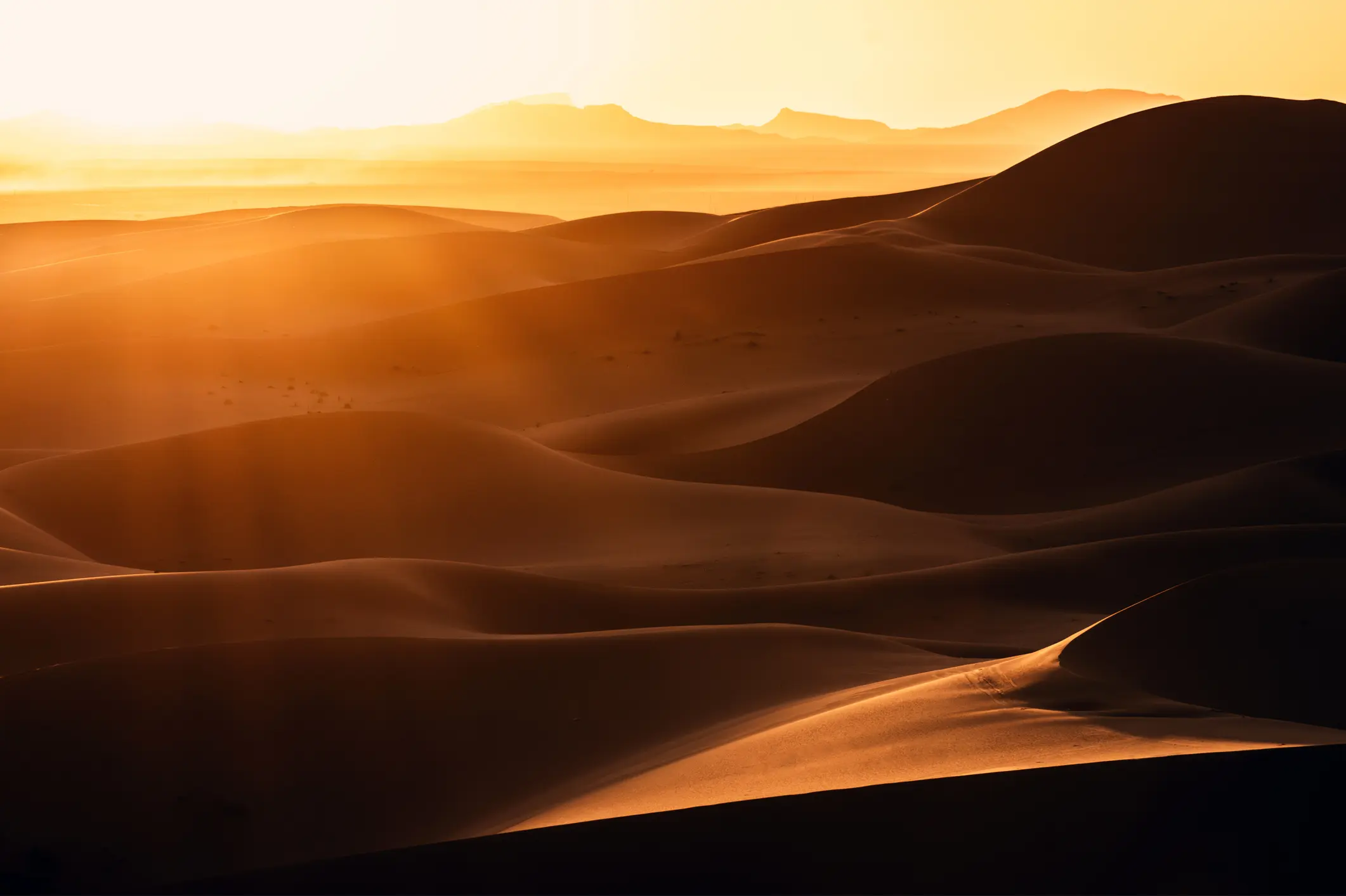 Golden sunset over rolling desert sand dunes