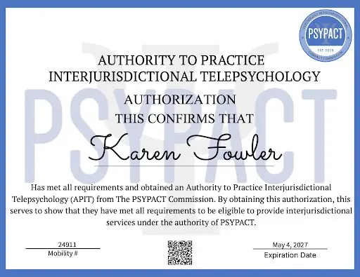Interjurisdictional telepsychology authorization certificate, blue border