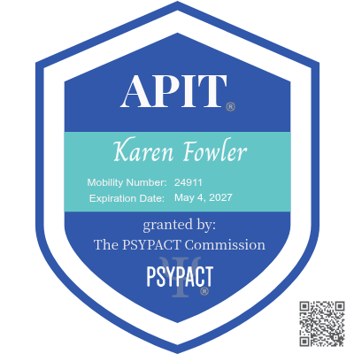 Blue APIT PSYPACT certification badge with QR code